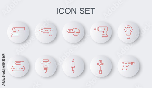Set line Electric cordless screwdriver, planer tool, Angle grinder, Electrical hand concrete mixer, sander, Construction jackhammer and Soldering iron icon. Vector