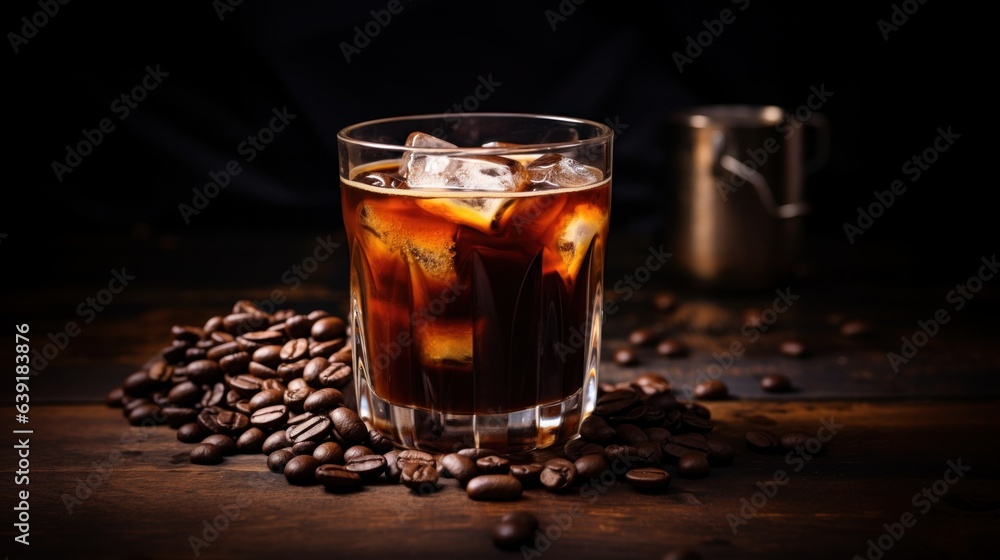 Black Russian Cocktail with vodka and coffee liquor on wooden background with copy space. Black Russian Cocktail with vodka and coffee liquor on wooden background with copy space.