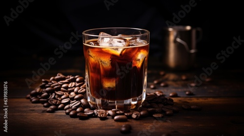 Black Russian Cocktail with vodka and coffee liquor on wooden background with copy space.