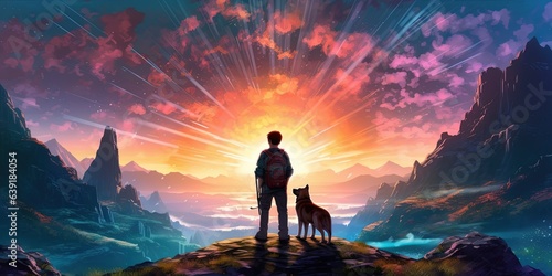 Traveler and dog standing and looking at the colorful light in the valley, digital art style, illustration painting