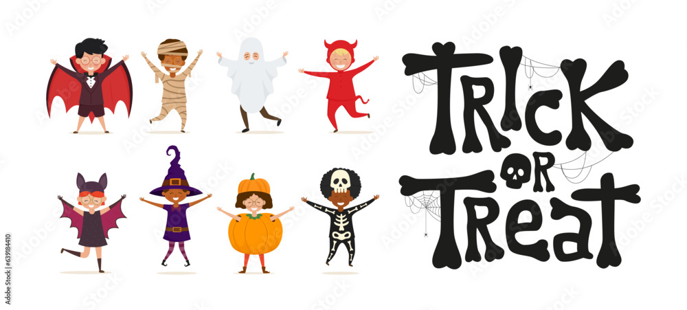 Fototapeta premium Set of kids in Halloween costume and Trick or Treat text. Vector illustrations for Holidays on Halloween isolated on white background.