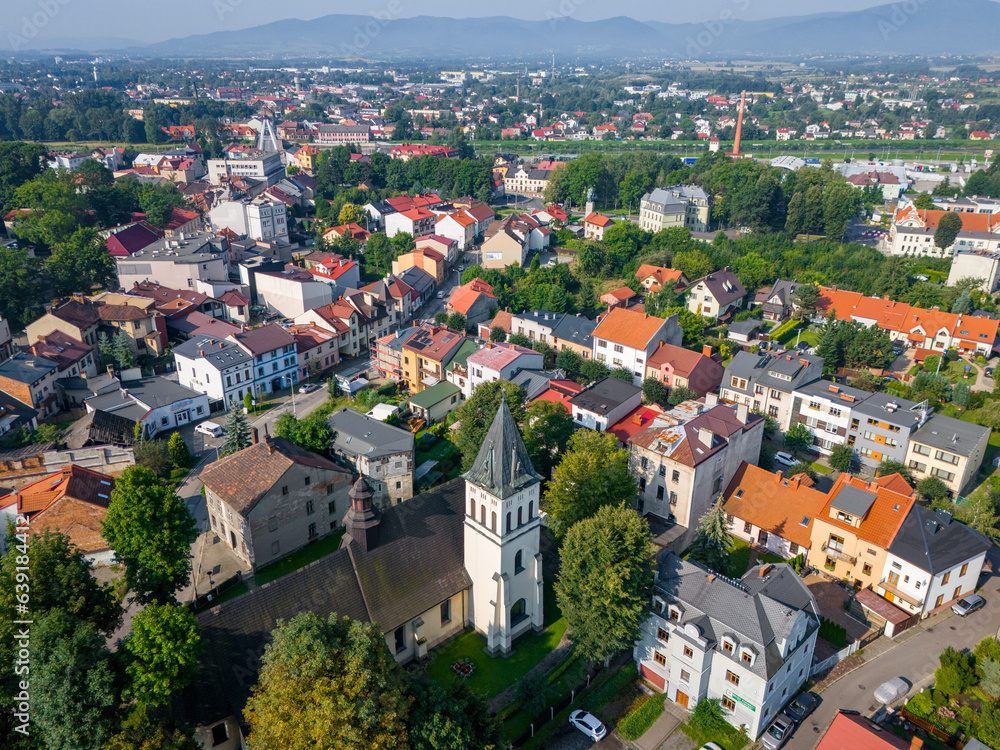 Aerial view of Zywiec. The old town of Zywiec, traditional architecture and the surrounding mountains of the Silesian Beskids and the Zywiec Beskids. Silesian Voivodeship. Poland. 