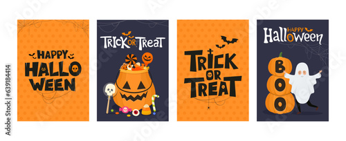 Set of Happy Halloween and Trick or Treat greeting cards or party invitations on the theme of Halloween. Vector illustration posters with candies in pumpkin basket and text lettering font.