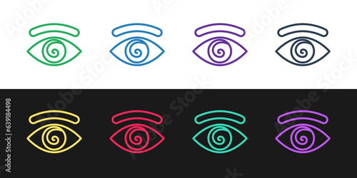 Set line Hypnosis icon isolated on black and white background. Human eye with spiral hypnotic iris. Vector