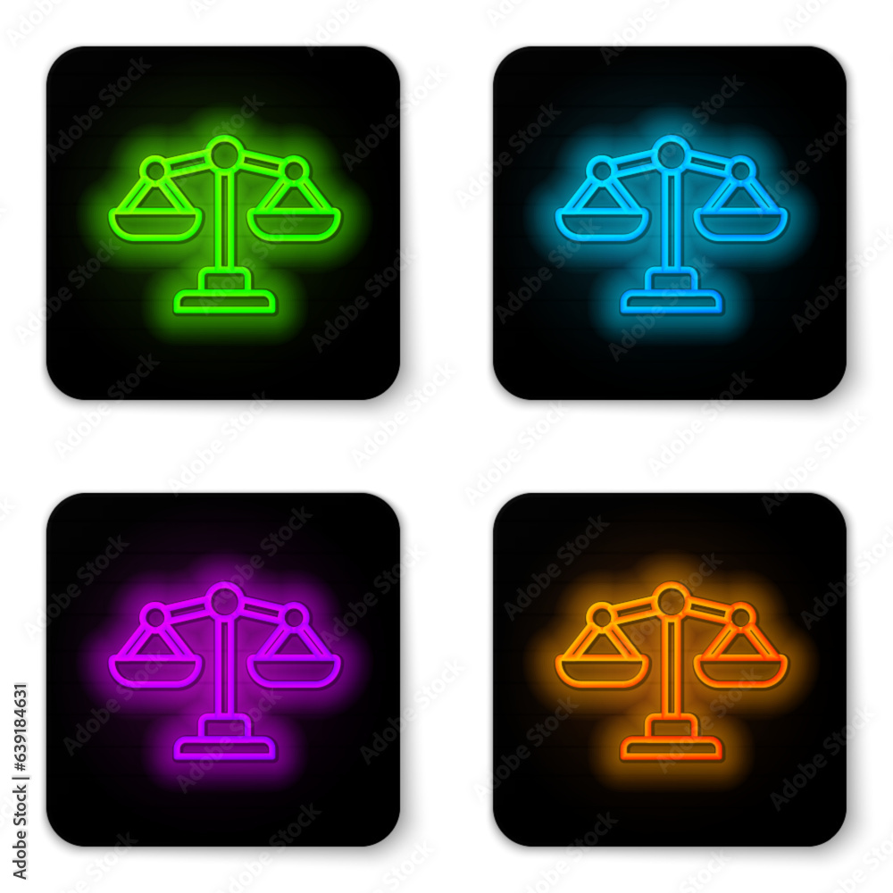 Glowing neon line Scales of justice icon isolated on white background. Court of law symbol. Balance scale sign. Black square button. Vector. Glowing neon line Scales of justice icon isolated on white background. Court of law symbol. Balance scale sign. Black square button. Vector.
