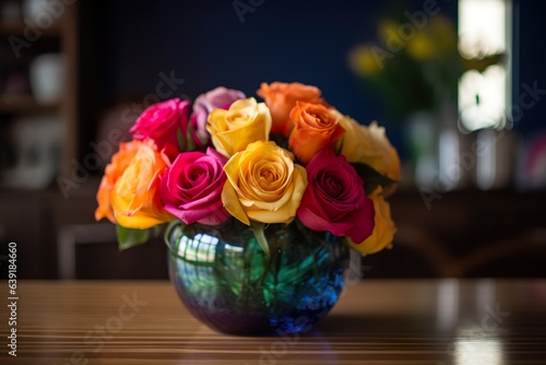Colorful roses in a glass vase on a wooden table indoor decoration