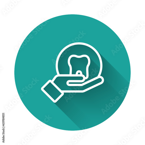 White line Tooth icon isolated with long shadow. Tooth symbol for dentistry clinic or dentist medical center and toothpaste package. Green circle button. Vector