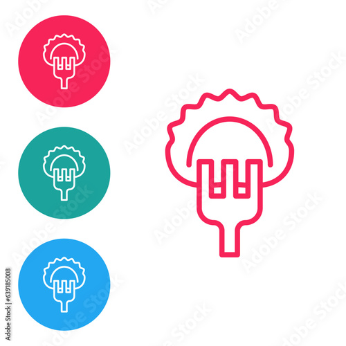 Red line Dumplings on fork icon isolated on white background. Pierogi, varenyky, pelmeni, ravioli. Traditional Ukrainian food. Set icons in circle buttons. Vector