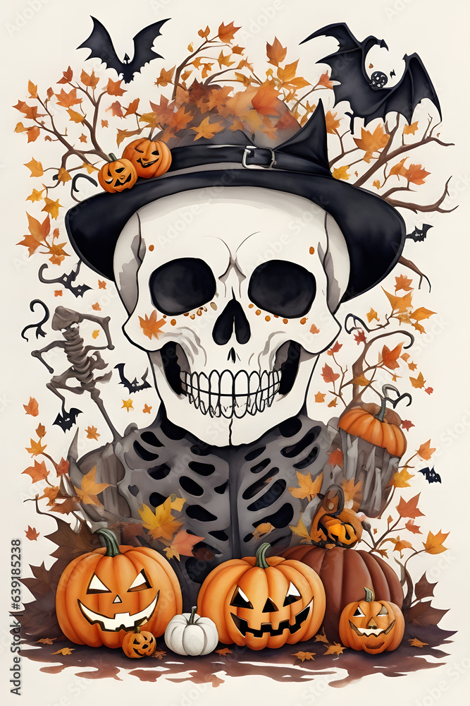 Halloween skull with pumpkins, bats and spiders, vector illustration