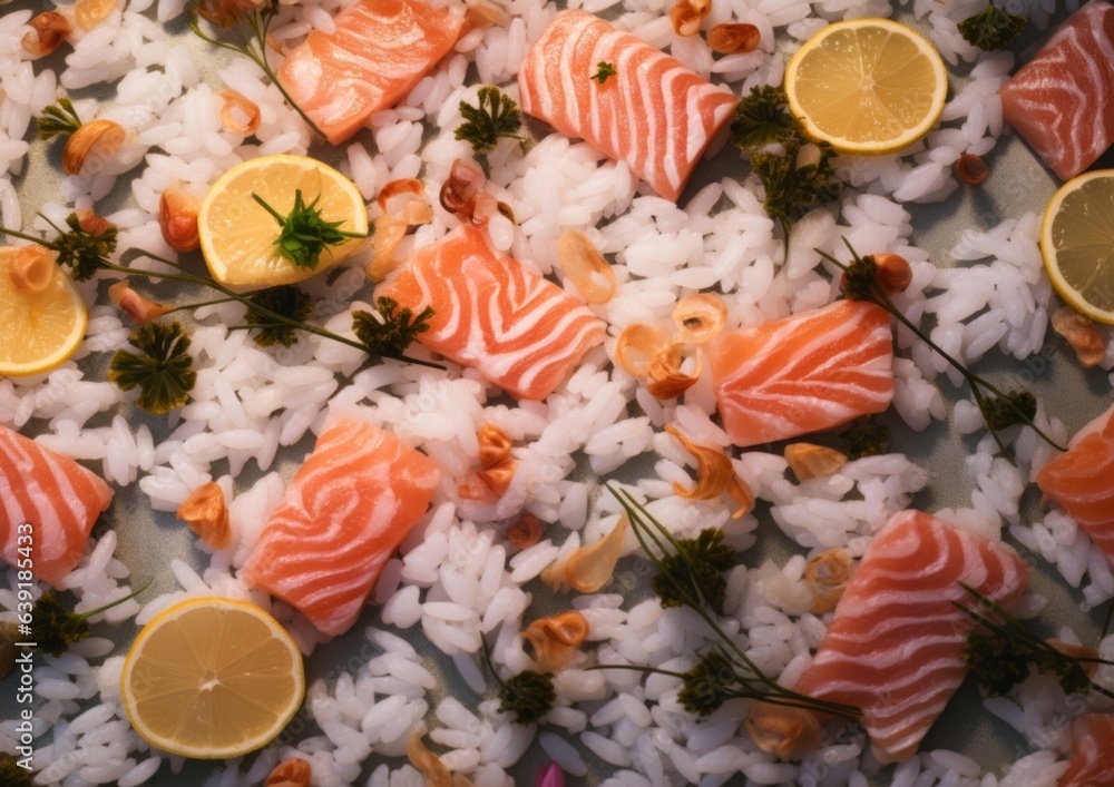 scattered sushi over a bed of rice, presented on a lacquered sushi tray, highlighted with sliced cucumbers and pickled ginger scattered sushi over a bed of rice, presented on a lacquered sushi tray, highlighted with sliced cucumbers and pickled ginger