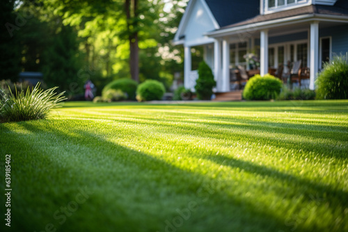the tidy and well-maintained appearance of manicured lawn, embodying concepts of order, care, and the human interaction with nature, lawn mower cutting green grass in backyard, mowing lawn in morning