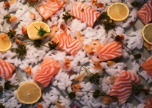scattered sushi over a bed of rice, presented on a lacquered sushi tray, highlighted with sliced cucumbers and pickled ginger