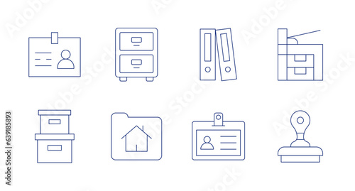 Office icons. Editable stroke. Containing badge, filling cabinet, folder, print, cardboard, id card, stamp. © Spaceicon