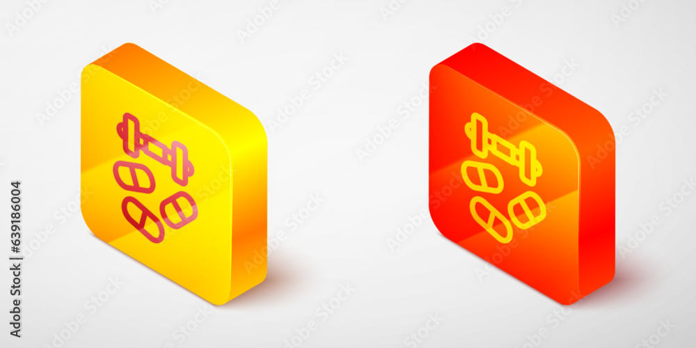 Isometric line Sports doping, anabolic drugs with dumbbell icon isolated on grey background. Anabolic steroids tablet. Pills in jar. Yellow and orange square button. Vector Isometric line Sports doping, anabolic drugs with dumbbell icon isolated on grey background. Anabolic steroids tablet. Pills in jar. Yellow and orange square button. Vector