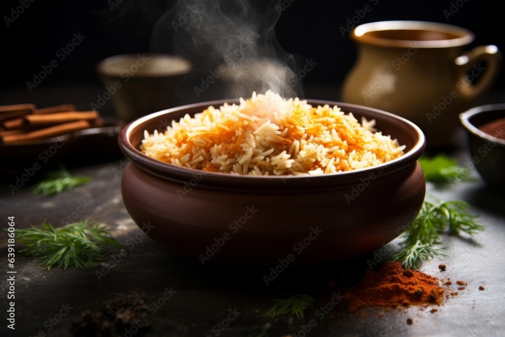 Rice with tea poured over capturing the contrasting colors of the served dish and any additional side food Rice with tea poured over capturing the contrasting colors of the served dish and any additional side food