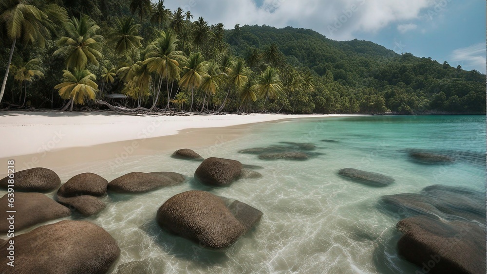 sandy beach with rocks at the side of the island sandy beach with rocks at the side of the island