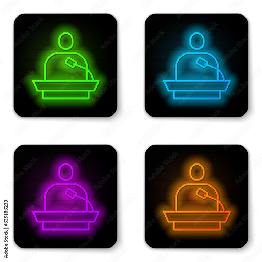 Glowing neon line Gives lecture icon isolated on white background. Stand near podium. Speak into microphone. The speaker lectures and gestures. Black square button. Vector Glowing neon line Gives lecture icon isolated on white background. Stand near podium. Speak into microphone. The speaker lectures and gestures. Black square button. Vector