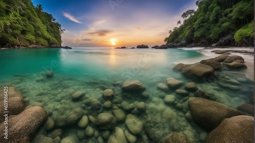 sandy beach with rocks at the side of the island