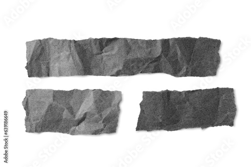 Black crumpled paper pieces with torn edge isolated on white, transparent background, PNG. Recycled craft paper wrinkled, creased texture, ripped border. Template, mockup with copy space for text