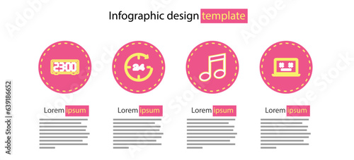 Set line Music note, tone, Dead laptop, Clock 24 hours and Digital alarm clock icon. Vector