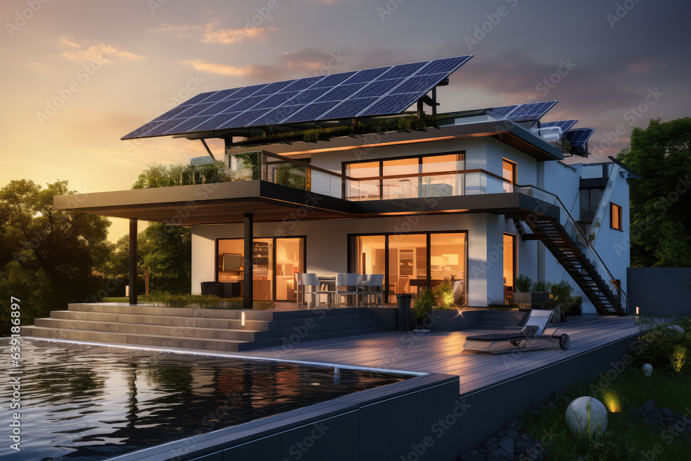 Modern house with solar panels, generative AI