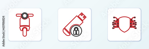 Set line Cyber security, Scooter and USB flash drive with lock icon. Vector