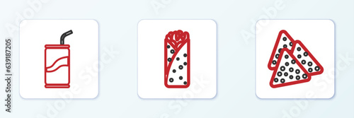 Set line Nachos, Soda can with drinking straw and Burrito icon. Vector