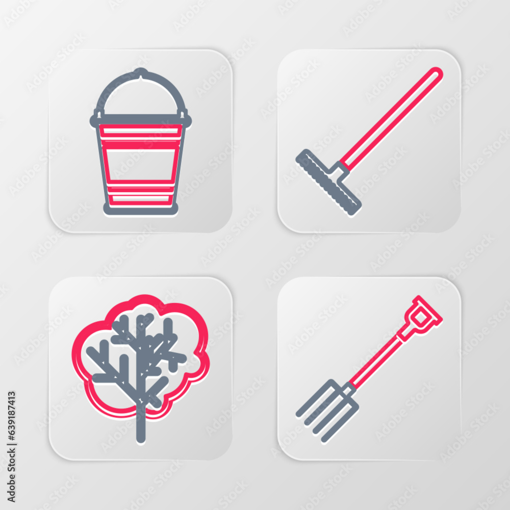 Set line Garden pitchfork, Tree, rake and Planting tree in the ground icon. Vector Set line Garden pitchfork, Tree, rake and Planting tree in the ground icon. Vector
