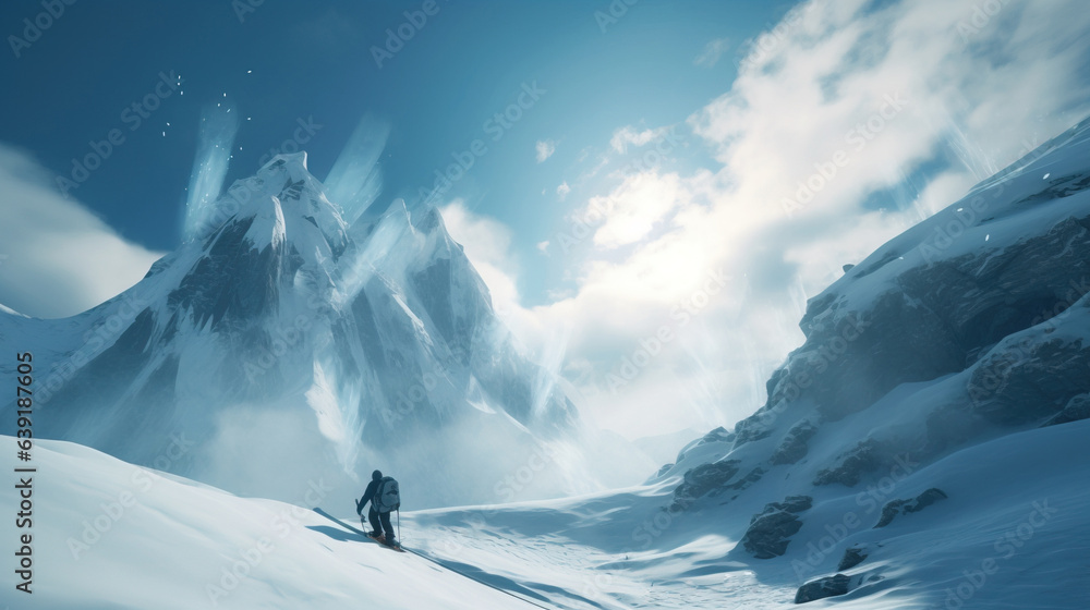 Skier on background of snow-covered mountain in rays of sun quickly descends. AI generated.