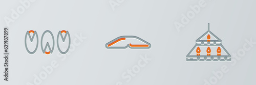 Set line Massive steel chandelier, Pistachio nuts and Homemade pie icon. Vector