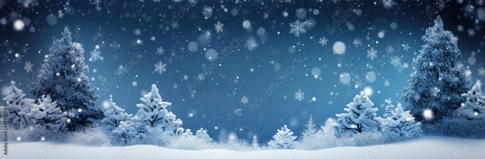 Many Christmas natural decorated trees on a snowed background. Generative AI Many Christmas natural decorated trees on a snowed background. Generative AI