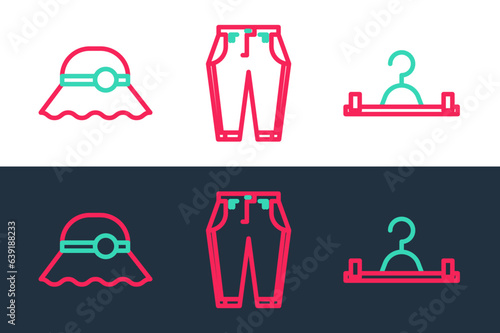 Set line Hanger wardrobe, Elegant women hat and Pants icon. Vector