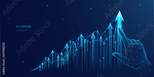 Tela Abstract close-up of hand pointing at glowing business chart consisting of arrows up on dark blue technology background background