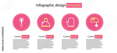 Set line Oven glove, Electric mixer, Kettle with handle and Pizza knife icon. Vector