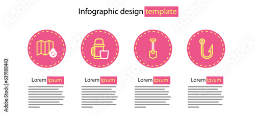 Set line Shovel, Fishing hook, Thermos container and cup and Location of the forest map icon. Vector