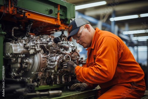 industrial worker in orange gear inspecting a vehicle engine