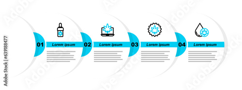 Set line Marijuana or cannabis olive oil, leaf, Laptop and marijuana and icon. Vector