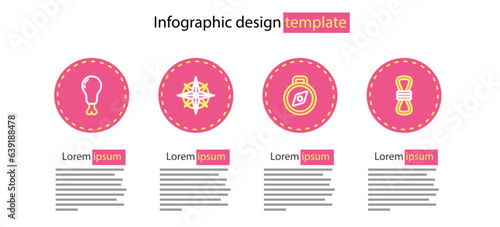 Set line Compass, Climber rope, Wind rose and Chicken leg icon. Vector