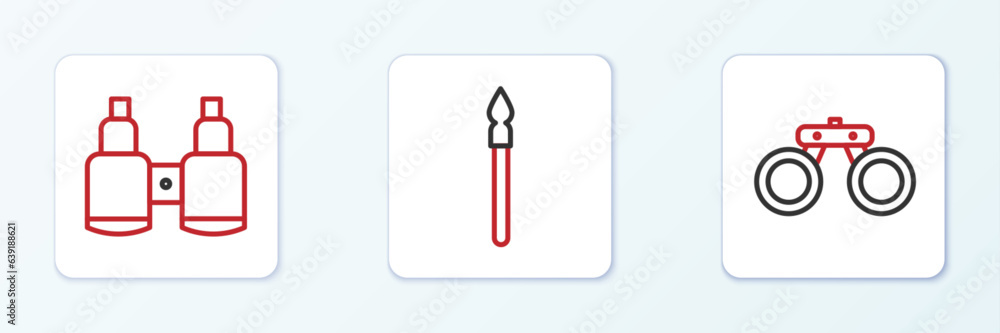 Set line Binoculars, and Medieval spear icon. Vector Set line Binoculars, and Medieval spear icon. Vector