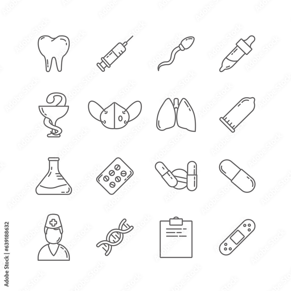 medical equipment line icons set. medicine line icon set with medical mask. syringe, pills medical equipment line icons set. medicine line icon set with medical mask. syringe, pills