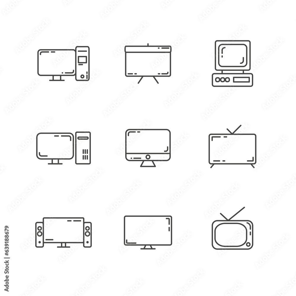 screen line icon set with computer screen, old computer screen line icon set with computer screen, old computer