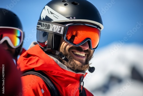 smiling skier looking at a camera with ski gear on her face © Patrick