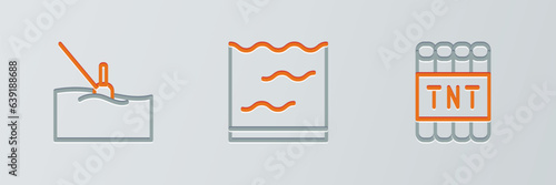 Set line Detonate dynamite bomb stick, Fishing float in water and Aquarium icon. Vector