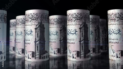 Libya money Libyan Dinar money rolls loop 3d animation. Camera moving in front of the LYD rolling banknotes. Seamless loopable concept of economy, finance, business and debt.