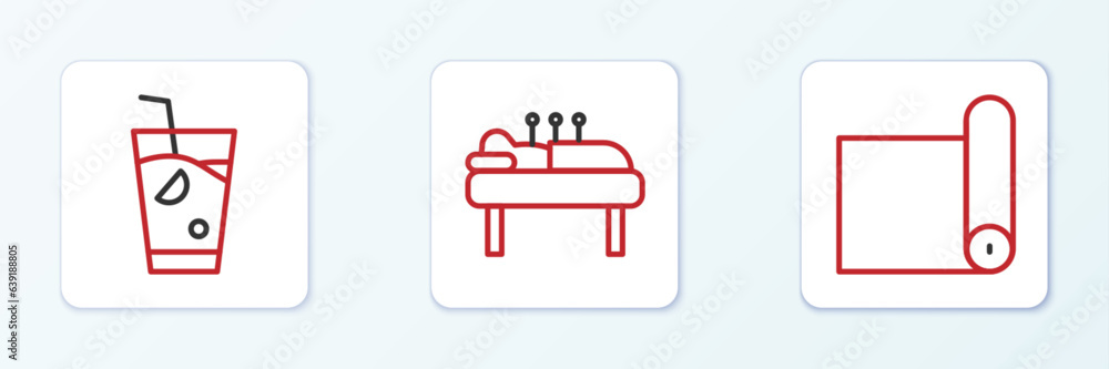 Set line Fitness mat roll, Fresh smoothie and Acupuncture therapy icon. Vector Set line Fitness mat roll, Fresh smoothie and Acupuncture therapy icon. Vector