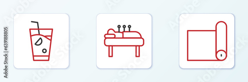 Set line Fitness mat roll, Fresh smoothie and Acupuncture therapy icon. Vector
