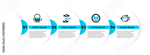 Set line Puffer fish, Caviar on a plate, Fishes and Octopus icon. Vector