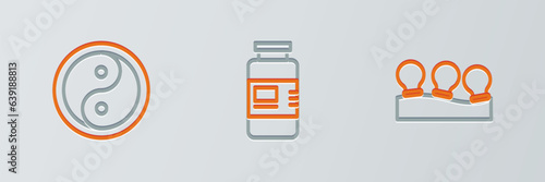 Set line Vacuum cans, Yin Yang and Collagen serum icon. Vector