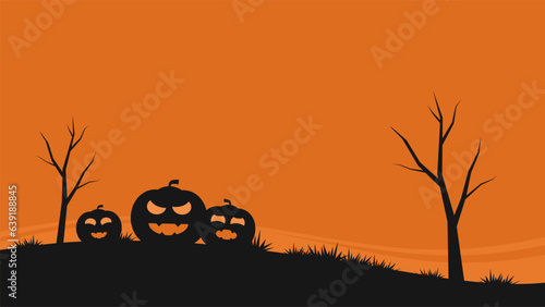 halloween illustration with silhouette of pumpkin and dead tree on orange background. halloween template background with copy space for text