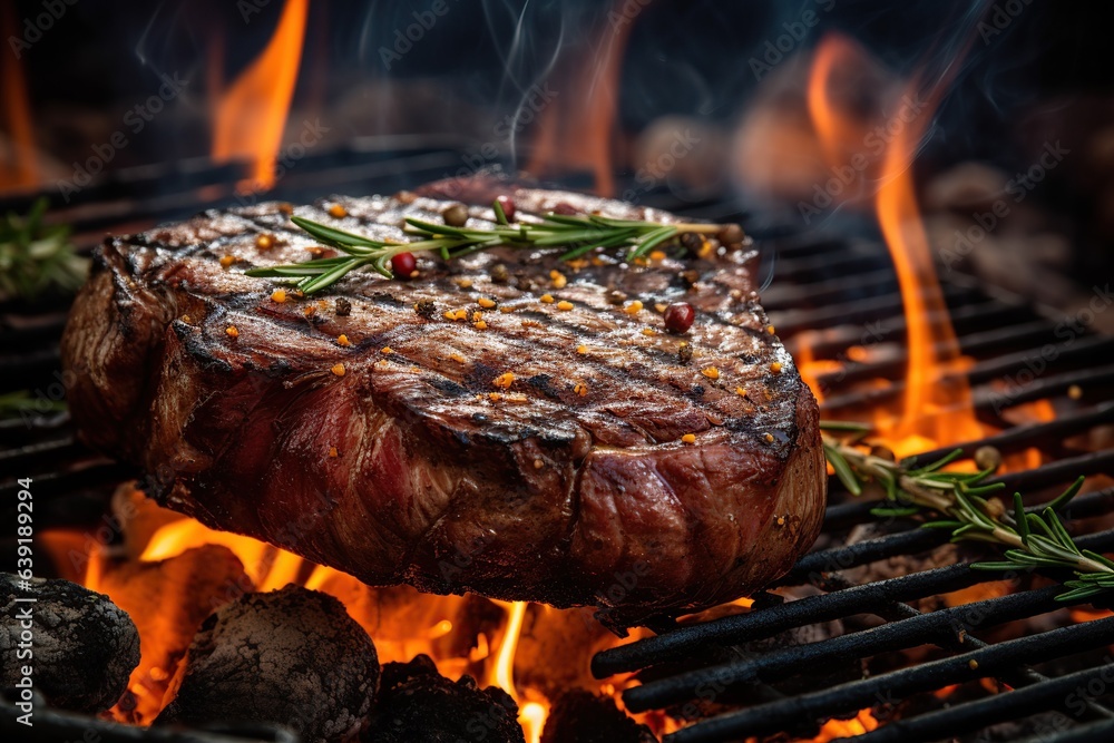 Grilling beef steak on charcoal, Generative AI Grilling beef steak on charcoal, Generative AI